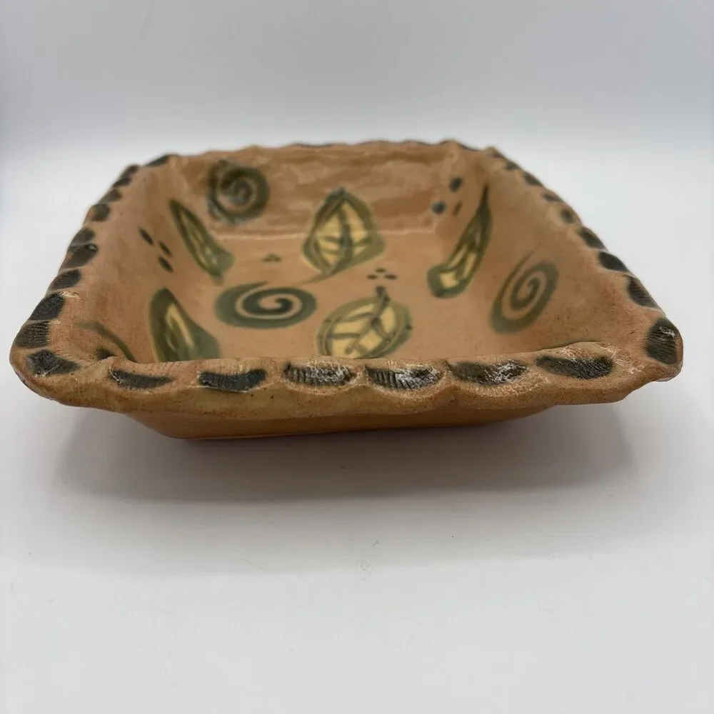 Vintage Signed Studio Pottery Tray Hand Painted Leaf Swirl Motif Terracotta Dish